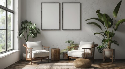 Scandinavian farmhouse room interior, poster frame mockup