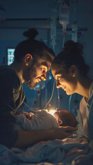 Fototapeta premium A newborn baby is born in a hospital, and the mother and father are looking at the child with joy.generative ai