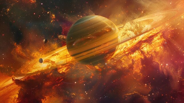Stunning space scene featuring a gas giant with magnificent rings, surrounded by vibrant cosmic dust and celestial phenomena.