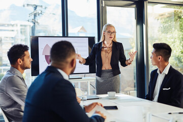 Business, woman and presentation in boardroom with statistics for strategy, planning and pitch....