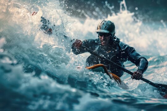 Canoeist executing a sharp turn, graceful form, selective focus, skill theme, dynamic, composite, slalom course backdrop