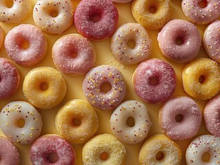 A large collection of mini frosted donuts with sugar and sprinkles