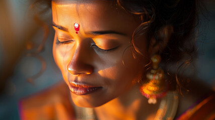 A african american woman, draped in exquisite traditional Kerala attire, immersed in a serene sunrise prayer at her home,generative ai