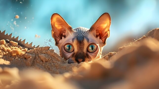 Sphynx Cat Peeking Through Sharp Saw Teeth on Sandy Playground
