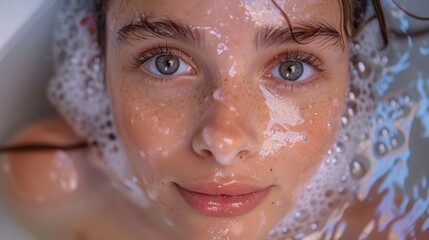 Close-up of face washing cleansing facial skin.