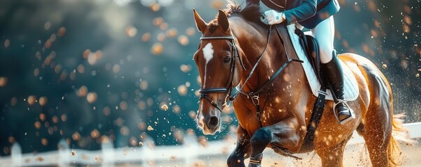 Eventing rider celebrating after competition, gold medal in hand, copy space, exhilaration theme, realistic, overlay, award ceremony backdrop