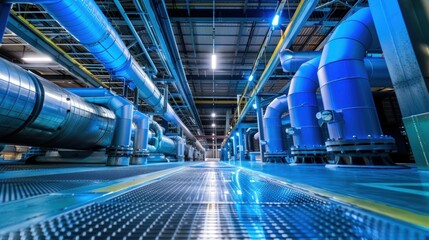 A large industrial building with many pipes and a blue and white color scheme. Generate AI image