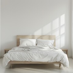 bed with pillows in front of the empty wall