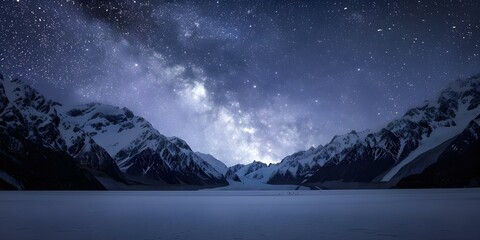 Starry Night Milky Way, Snowy Mountains, Moonlight, and Chilly Air. Concept Astrophotography, Snowy Landscapes, Moonlit Scenery, Winter Skies, Nature Photography