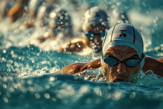 Group of marathon swimmers in action, intense competition, close up, race theme, surreal, manipulation, open sea backdrop