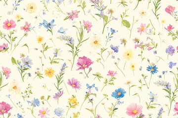A seamless pattern featuring delicate wildflowers in various colors, scattered on a light cream background.