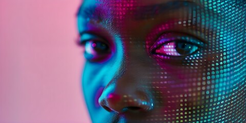 Colorful Pixelated Digital Hologram Featuring a Black Woman's Face. Concept Digital Art, Black Woman, Colorful, Pixelated, Hologram