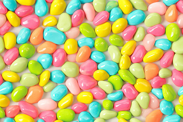 Bright and colorful seamless pattern with glossy, irregularly shaped candies in vibrant pastel hues of pink, blue, yellow, and green.