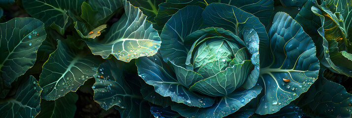 Freshly Harvested Green Cabbage in Lush Garden with Dew-Kissed Leaves and Sunlit Detail