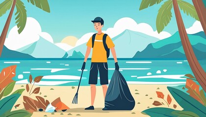 ゴミ袋を持って海岸のゴミを集めている男性