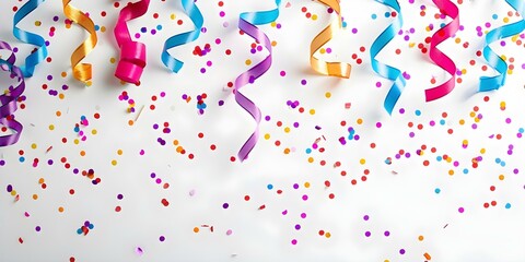 Fototapeta premium Colorful confetti and streamers on white background for festive celebration concept. Concept Celebration Photoshoot, Festive Props, Colorful Streamers, Confetti, White Background