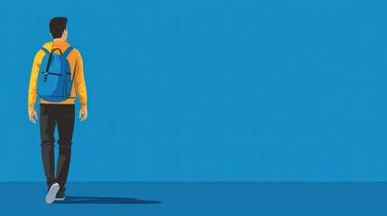 Obraz premium Man with backpack walking towards blue wall, minimalistic style image.