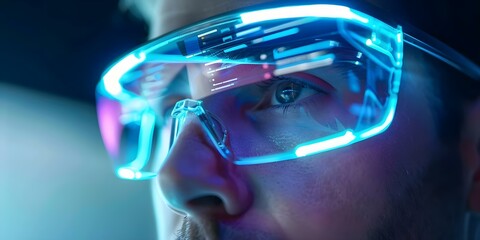 Man wearing glasses views holographic car information in advanced augmented reality. Concept Augmented Reality, Holographic Technology, Futuristic Transportation, Smart Glasses, Automotive Innovation