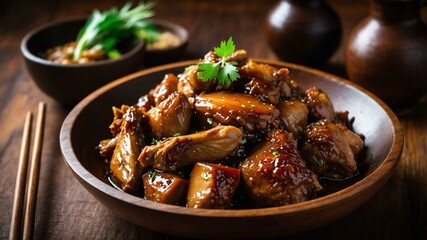 adobo chicken or pork braised in vinegar soy sauce ga served aesthetically in a wooden plate and table