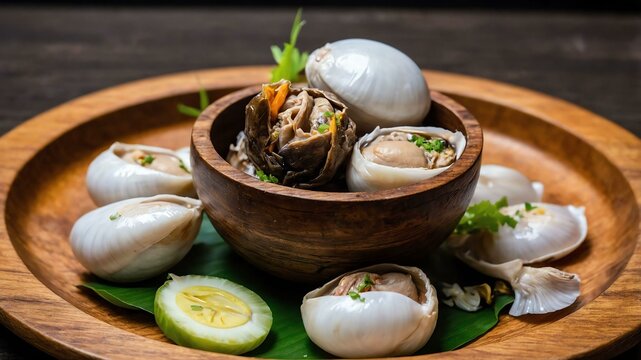 balut fertilized duck embryo boiled and eaten in the served aesthetically in a wooden plate and table