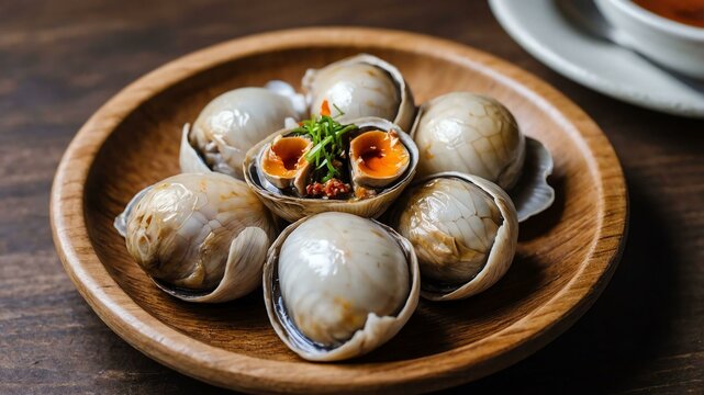 balut fertilized duck embryo boiled and eaten in the served aesthetically in a wooden plate and table