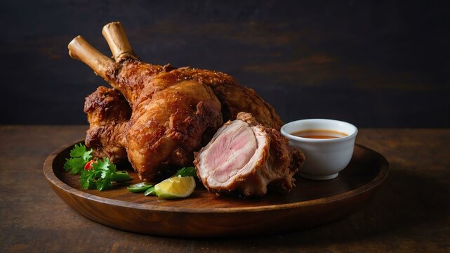 crispy pata deepfried pork leg or knuckle until crisp served aesthetically in a wooden plate and table