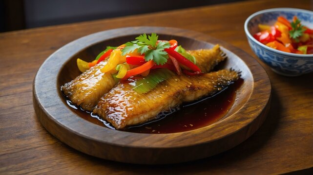 escabeche fried fish often tilapia or lapulapu topped served aesthetically in a wooden plate and table