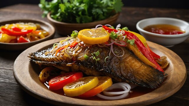 escabeche fried fish often tilapia or lapulapu topped served aesthetically in a wooden plate and table