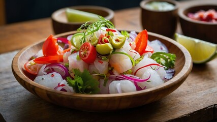 kinilaw filipino ceviche made with raw fish or seafoo served aesthetically in a wooden plate and table