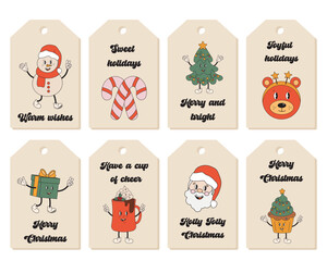 Christmas gift tags, collection of printable gift labels in retro groovy style. Set of holiday Christmas gift tags. Christmas and New Year gift tags for winter holidays. Printable Christmas labels.