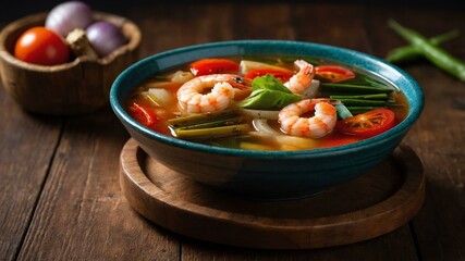 sinigang na hipon sour shrimp soup flavored with tama served aesthetically in a wooden plate and table