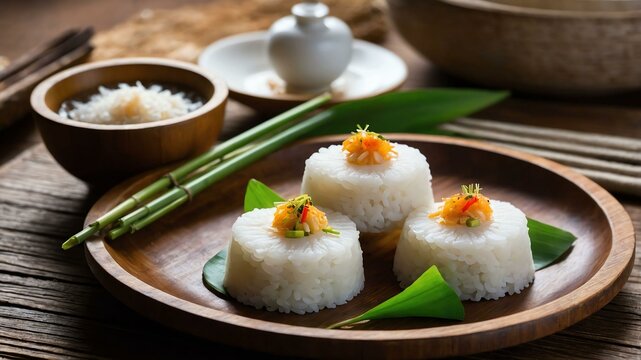 puto steamed rice cakes often served aesthetically in a wooden plate and table