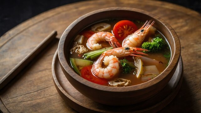 sinigang na hipon sour shrimp soup flavored with tama served aesthetically in a wooden plate and table