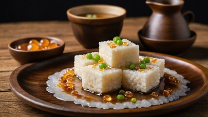tah soft tofu served aesthetically in a wooden plate and table