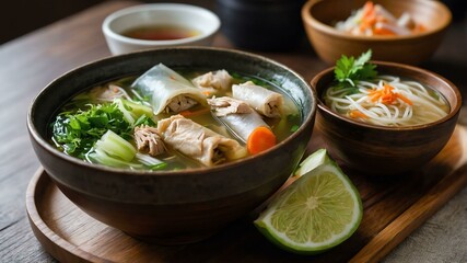 tinola chicken soup with ginger garlic and green papa served aesthetically in a wooden plate and table