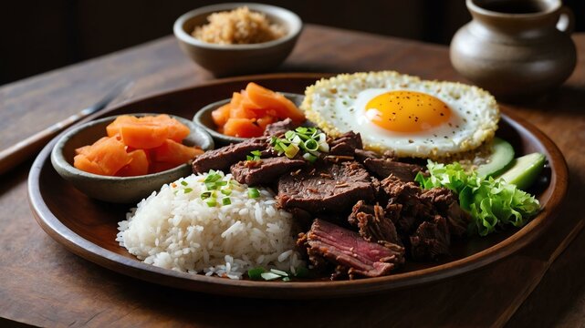 tapsilog breakfast dish consisting of tapa cured beef served aesthetically in a wooden plate and table