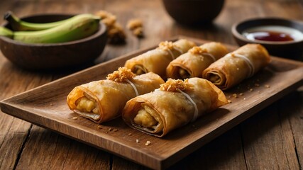 turon deepfried banana spring rolls with jackfruit an served aesthetically in a wooden plate and table