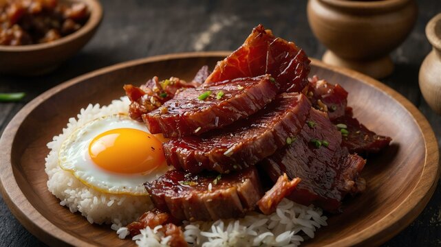 tocino sweet cured pork often served aesthetically in a wooden plate and table