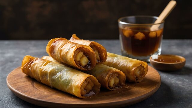 turon deepfried banana spring rolls with jackfruit an served aesthetically in a wooden plate and table