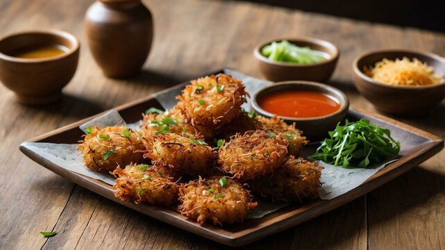 ukoy crispy shrimp and vegetable fritters made with g served aesthetically in a wooden plate and table