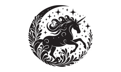 unicorn, silhouette logo, Silhouette of a flying unicorn, Unicorn head circle tattoo illustration, horses tattoo. Black unicorn silhouette vector style and white background