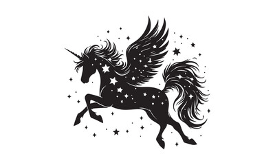unicorn, silhouette logo, Silhouette of a flying unicorn, Unicorn head circle tattoo illustration, horses tattoo. Black unicorn silhouette vector style and white background © creative.vector