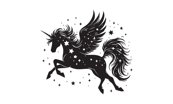 unicorn, silhouette logo, Silhouette of a flying unicorn, Unicorn head circle tattoo illustration, horses tattoo. Black unicorn silhouette vector style and white background