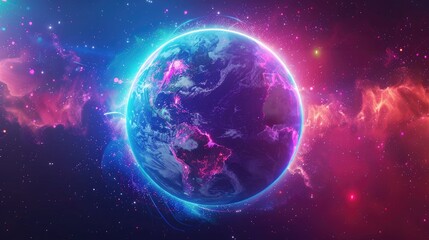 Fototapeta premium Vibrant and colorful digital art of Earth in space, surrounded by glowing nebulae and stars. Perfect for science fiction themes.