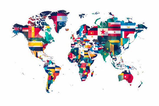 Artistic world map with stylized country borders, the scene captures the essence of global unity and cultural diversity