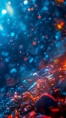 A blue and orange background with a lot of small dots. The background is blurry and the dots are scattered all over it