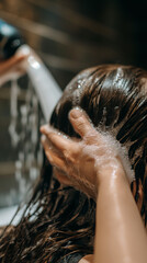 Shampoo being poured from a bottle on to woman's hand in a highend hair salon