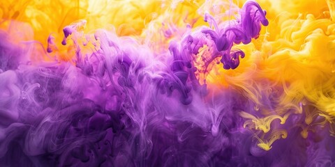 Purple and yellow ink clouds in water, abstract background