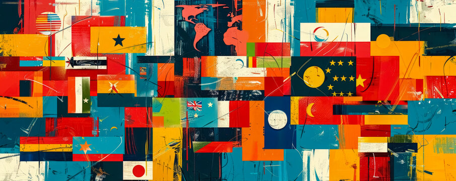 Flag background. A schematic design with stylized world flags, the composition reflects global diversity and the beauty of different cultures