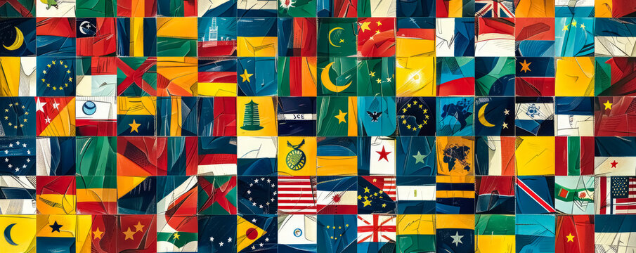 Flag background. A schematic design with stylized world flags, the composition reflects global diversity and the beauty of different cultures
